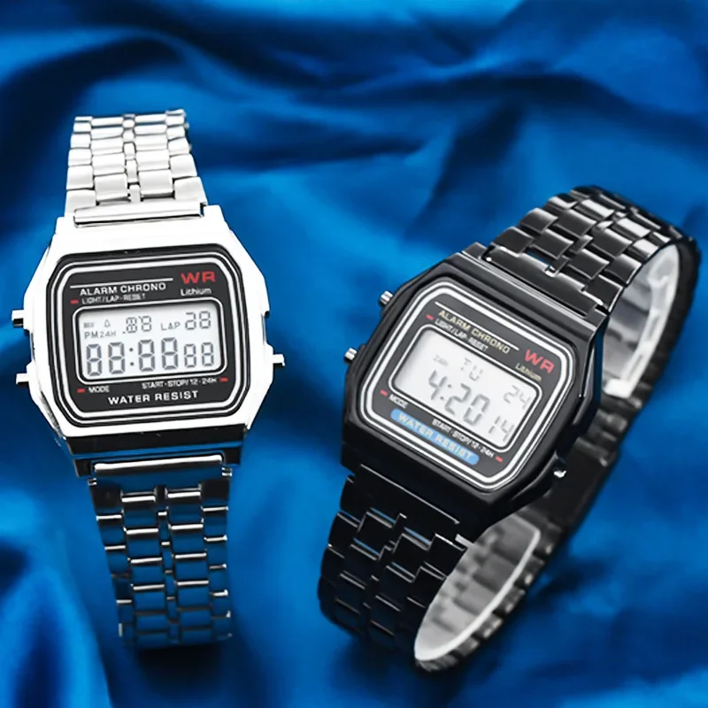 F91w Steel Strap Watch Multifunctional Led Digital Sports Watch For Men Women Business Clock Plastic Dial Window